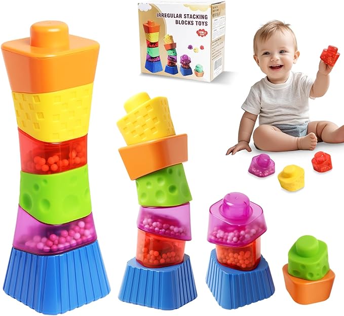 Irregular Maracas Stacking Blocks Toys, Montessori Toys for 1 + Year Old, 6 PCS Stackable Educational Sensory Toy, 1 + 2 3 Old Boy or Girl Kids Gifts