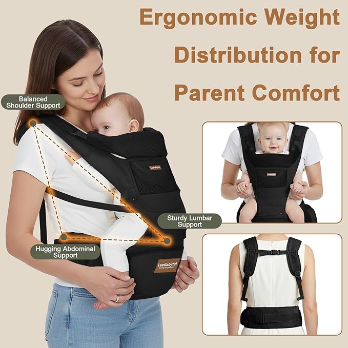 Baby Carrier with Hip Seat, 6-in-1 Baby Carrier Newborn to Toddler, Forward-Facing Carry for Active Babies, Adjustable Detachable Infant Carrier, Hands-Free Baby Holder (Black)