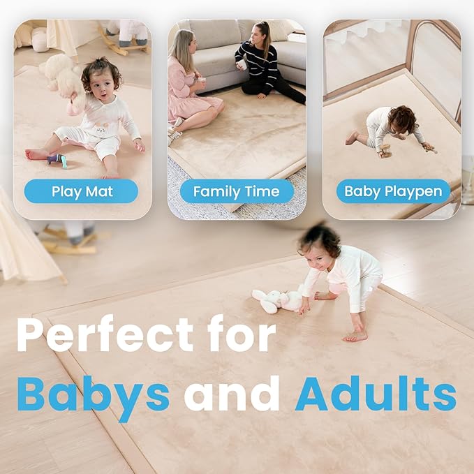 1.3" Thick Baby Floor Play Mat, 50x74 Padded Foam Tummy Time Crawling Mat, Non-Slip Water-Repellent Soft Plush Nursey Area Rug for Playroom Bedroom Living Room (Beige)