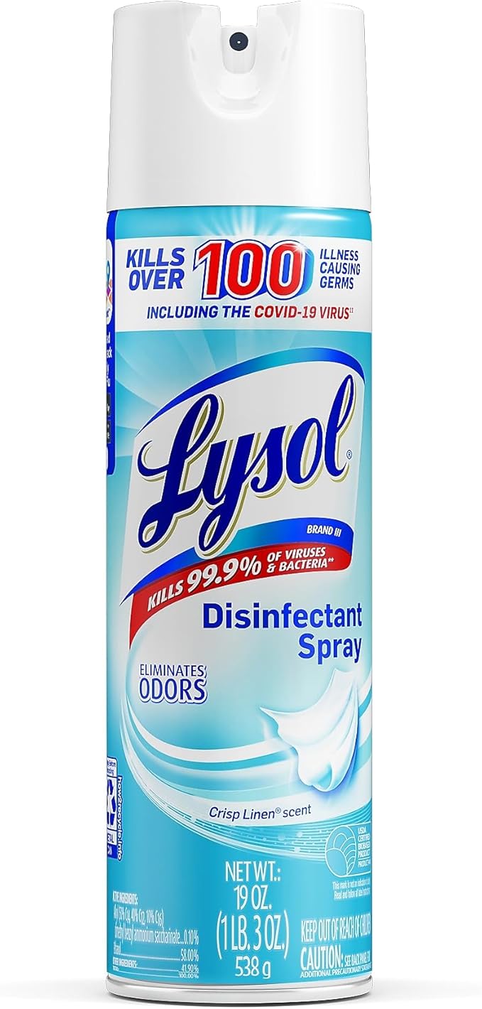 Lysol Disinfectant Spray, Household Essential Cleaning Supplies, Multi-Purpose Room Spray, Antibacterial Sanitizer Spray, Upholstery Deodorizer, Home and Bathroom, Crisp Linen,19 Fl Oz
