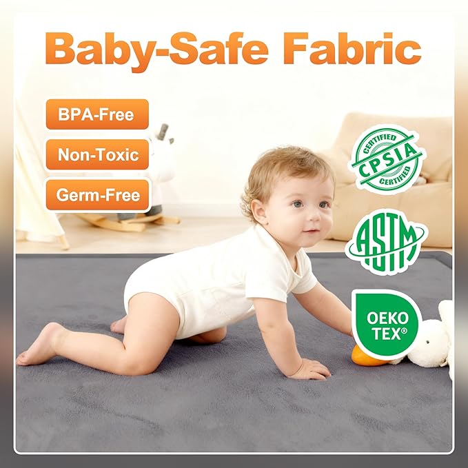 Ultra Soft Baby Play Mat for Floor, 59"×39" Playpen Mat, 1.3" Thick Memory Foam, Non-Slip Tummy Time Mat for Infants, Toddlers, and Kids – Water-Repellent Coral Velvet, Easy Care