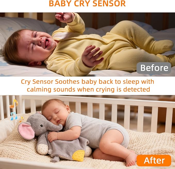 BEREST Elephant Baby Lovey Rechargeable Sleep Soother with 10 White Noises (Heartbeat, Shushing & Lullabies) & Cry Sensor|Timer|Recording|Plush Blanket Comforter Gift for Newborns|Infants|Boys & Girls