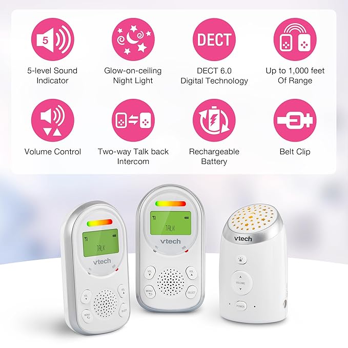 VTech 2 Parent Units Digital Audio Baby Monitor with Glow-on-Ceiling Night Light, Up to 1,000ft of Range, Vibrating Sound-Alert, Two-Way Talk Intercom, Sound Indicator, Secure Transmission: TM8212-2