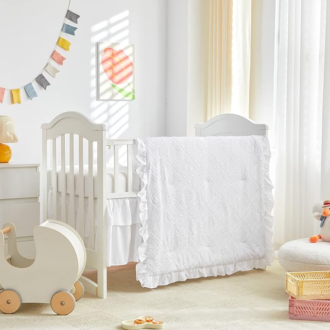 Tufted Ruffle Crib Bedding Set 3 Pieces Baby Boho Quilted Comforter with Fitted Sheet and Bed Skirt - Cute Ruffled Shabby Chic Baby Bedding Soft Blanket Design White
