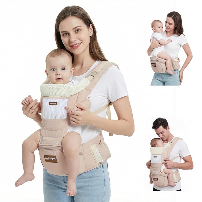 Baby Carrier with Hip Seat, 6-in-1 Baby Carrier Newborn to Toddler, Adjustable Detachable Infant Toddler Carrier, Hands-Free Baby Holder, All Seasons, Perfect for Shopping Travelling (Khaki)