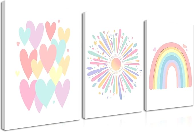 Framed Girls Rainbow Canvas Wall Art Set of 3, Colorful Boho Sun Nursery Wall Decor Painting, Kids Heart Picture Posters Prints for Classroom Kids Room Baby Room Bedroom Dorm Decor 12x16 In