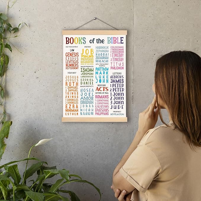 Christian Wall Decor, Books of the Bible Wall Art With Wooden Poster Hanger, Christian Educational Bible Verses Wall Art Decor for Bedroom Classroom Church Christian Homeschool, 12.5x17 Inch