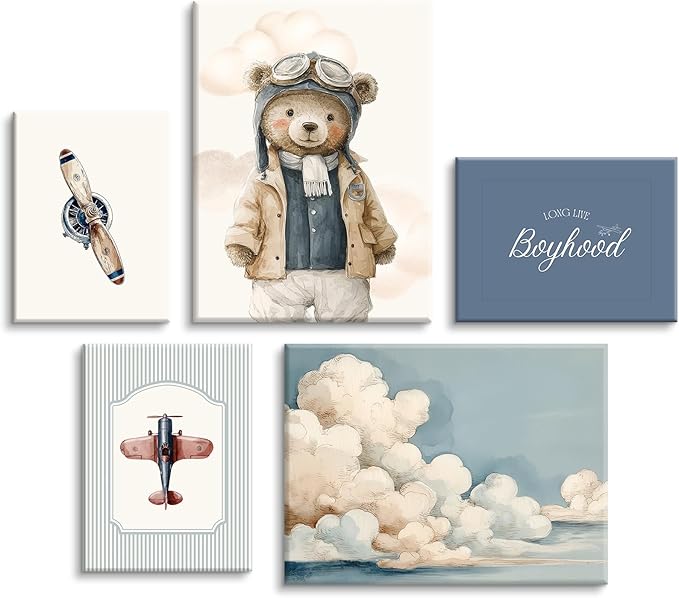 Teddy Bear Nursery Wall Art Decor Vintage Boy Room Pictures Baby Boy Nursery Canvas Wall Decor Blue Vintage Airplane Poster Kids Travel Aviation Prints for Playroom Bedroom 12x16x5 Inch Wrapped Canvas
