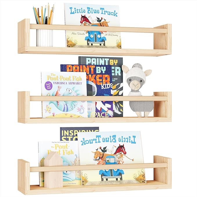 Fixwal Nursery Shelves, 16.5 Inch Floating Bookshelves for Wall Set of 3, Baby Nursery Decor, Solid Wood Wall Mounted Shelves for Books (Natural Wood)