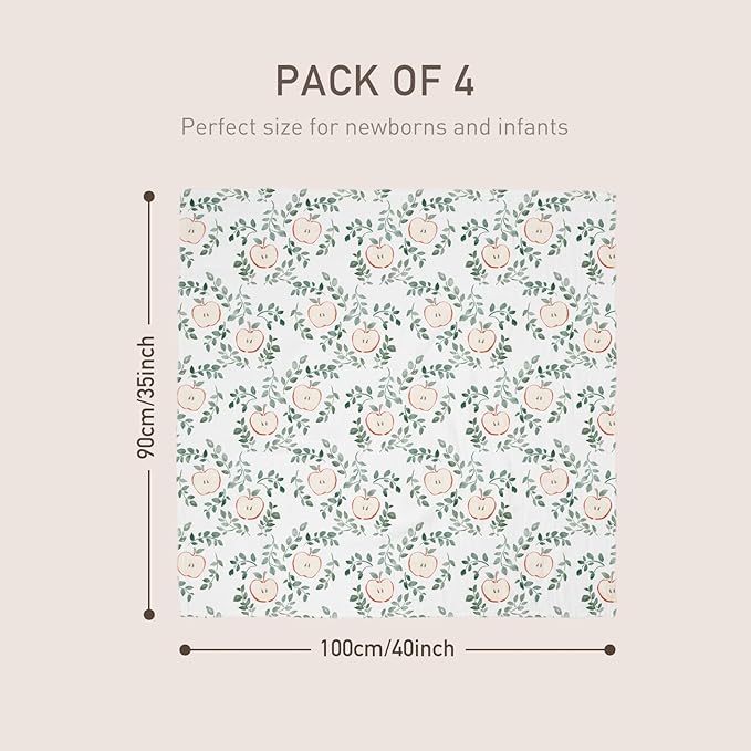 Gllquen Baby Muslin Swaddle Blankets 4-Pack Breathable Receiving Blankets (35" x 40") Soft Baby Blankets for Girls and Boys Newborn Essentials Muslin Burp Cloths Swaddle Wrap Baby Gift(Apple Paradise)