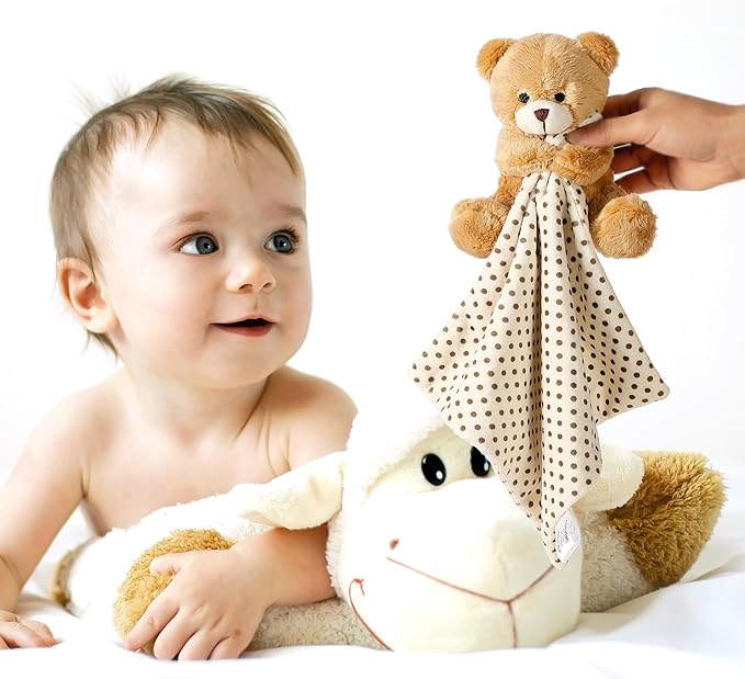 CREVENT Soft Plush Animal Face Security Blankets for Boys and Girls, Great Gifts for Birthday Baby Shower - Hugging Bear Brown + Tag