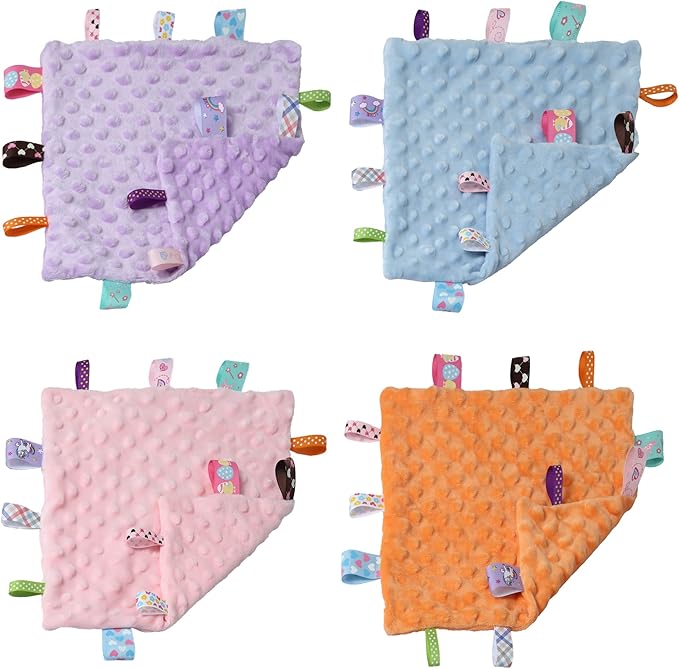 CREVENT Tag Security Blankets for Babies, Soft Small Loveys for Girls, Baby Comforter Sensory Blanket, Great Gifts for Birthday Baby Shower (10"X10" Purple Tag)