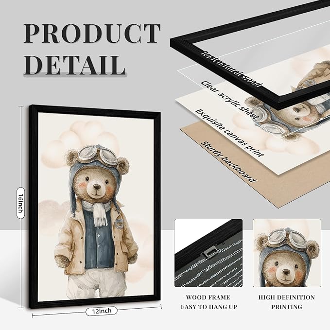 Teddy Bear Nursery Wall Art Decor Vintage Boy Room Pictures Baby Boy Nursery Canvas Wall Decor Blue Vintage Airplane Poster Kids Travel Aviation Prints for Playroom Bedroom 12x16x5 Inch Framed