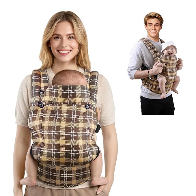 FRUITEAM Baby Carrier, Newborn Carrier with Adjustable Seat Size, Lightweight & Ergonomic Baby Carrier Newborn (7-25 Lbs), Easy to Wear, Travel and Hiking Friendly (Brown Plaid)