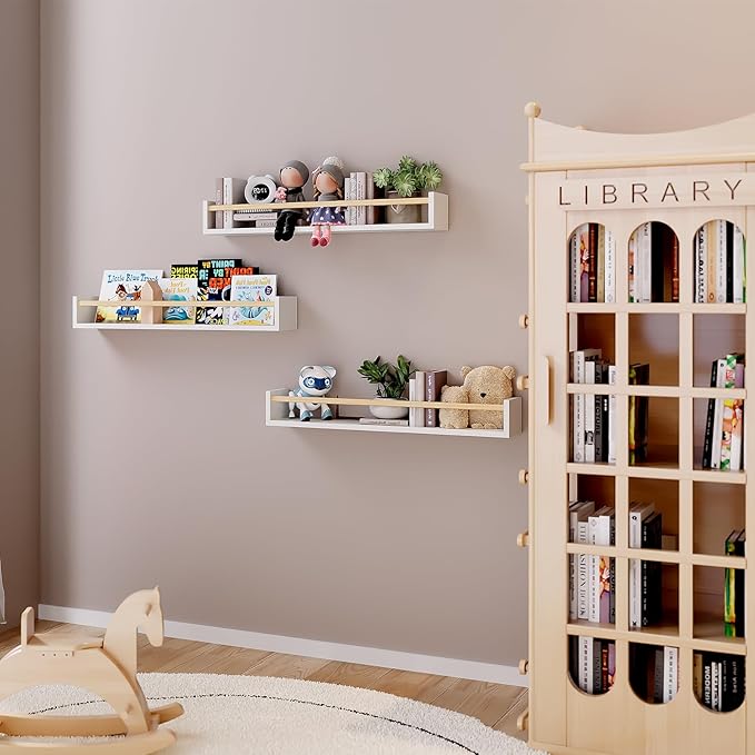 Fixwal Nursery Book Shelves, 23.6 Inch Floating Bookshelves for Wall Set of 3, Baby Nursery Decor, Solid Wood Wall Mounted Shelves for Books, Toys and Decor Storage (White and Natural Wood)