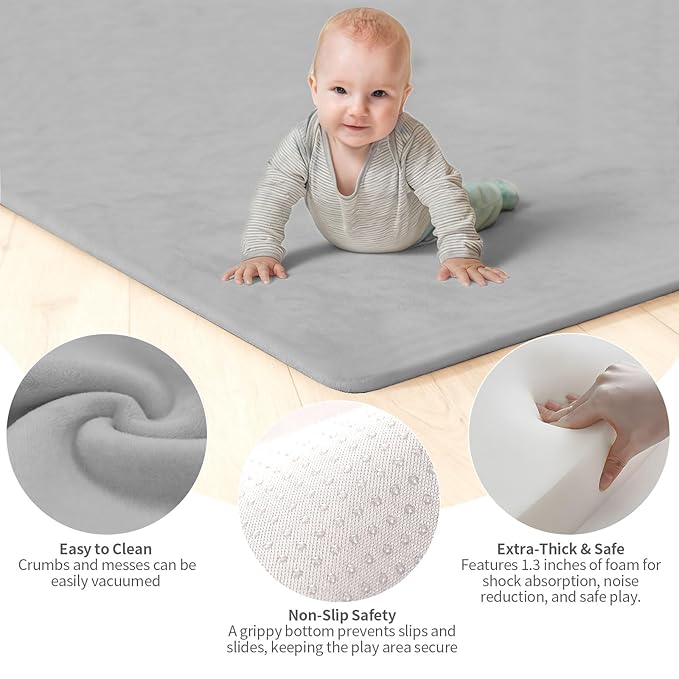 Velvet Baby Play Mat for Floor, 1.3" Thick Elasti-Foam 74"×50" Playpen Mat with Removable & Washable Velvet Cover for Toddler, Infant,Kids, Non-Slip Crawling Mat for Tummy Time (Grey)