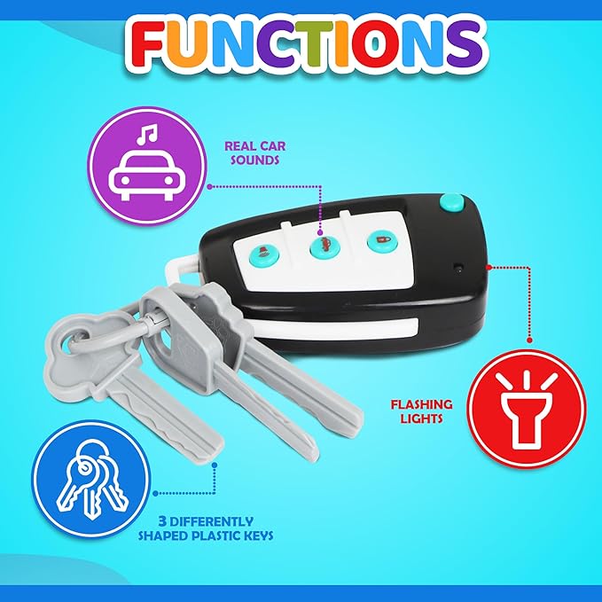 Toy Car Keys - Real Looking Play Toddler Remote Car Key - Interactive Kids Baby Keys with Lights and Sound Effetcs - Pretend Toy Keys for Boys Girls Age 3+