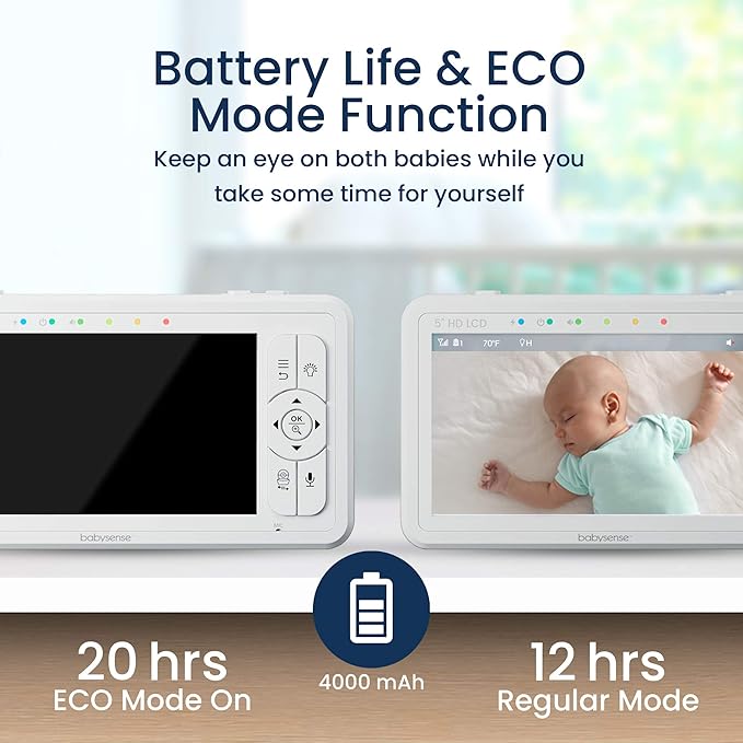 Babysense HD 5" Video Baby Monitor with Camera and Audio, No WiFi/App, Secure Closed-Loop, Night Vision, Pan-Tilt-Zoom, VOX Audio Alerts, White Noise & Lullabies, Up to 1000 ft Range, 20-Hour Battery