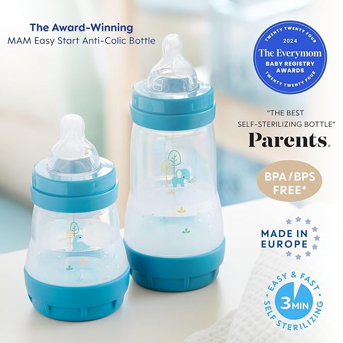 MAM 5oz Easy Start Anti-Colic Baby Bottles, Slow Flow with Bonus Medium Flow Nipple, Reduces Colic, Gas, & Reflux, Easy-to-Clean, BPA-Free, Baby Bottles for Newborns, 0-3 Months (Pack of 6)