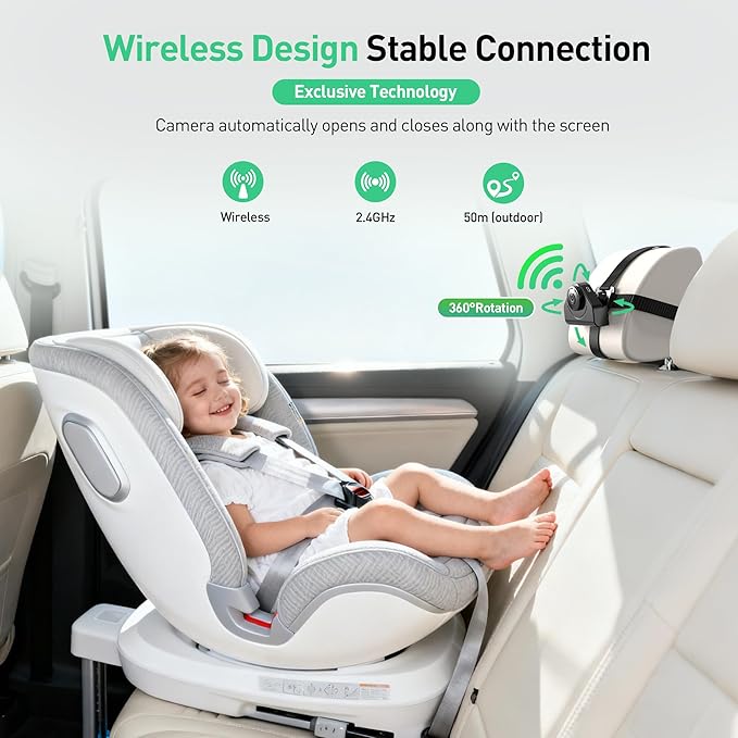 Wireless Baby Car Camera Monitor – 4.3 Inch Display with 360° Rotating Rear Facing Car Seat Cameras, 1080P HD Night Vision IR-Cut, USB & Battery Powered Backseat Baby Monitor for Infant Toddler