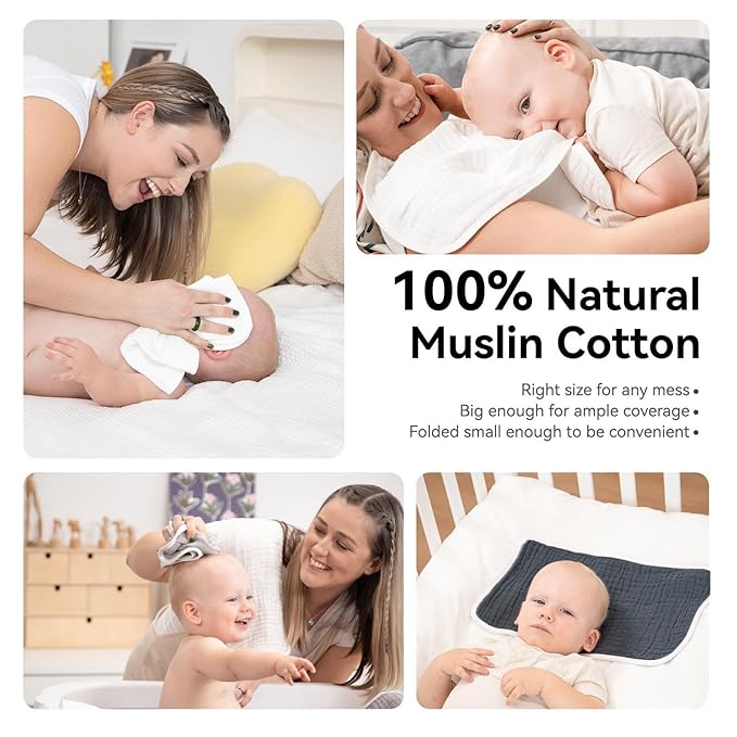 Synrroe Burp Cloths Large, Muslin Burp Cloths for Baby, Extra Absorbent and Soft, 6 Layers 20 by 10 Inches 100% Cotton (White Large 4 Pack)