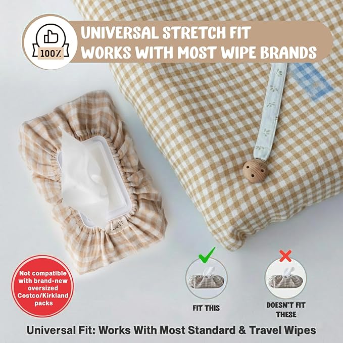 Baby Wipes Cover – Universal Size, One Size Fits All Wipes Packages | Muslin Cotton Tissue Cover for Nursery, Diaper Bag & Changing Table, Station | Gingham & Neutral Patterns (Beige Gingham)