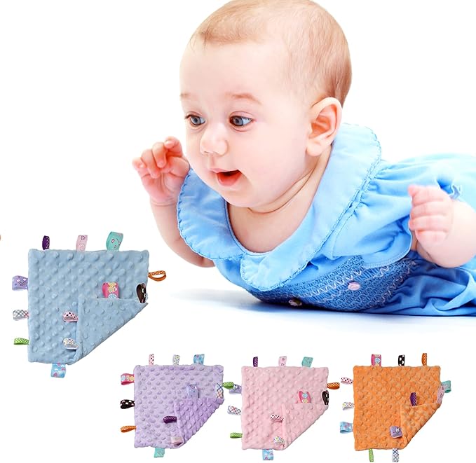 CREVENT Tag Security Blankets for Babies, Soft Small Loveys for Girls Boys, Baby Comforter Sensory Blanket, Great Gifts for Birthday Baby Shower (10"X10" Orange Tag)