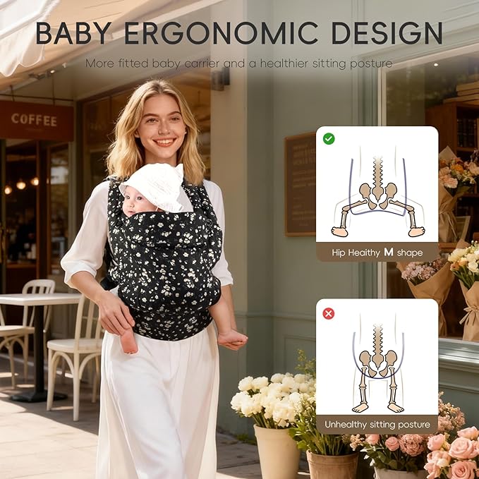 FRUITEAM Baby Carrier, Toddler Carrier with Adjustable Seat Size, Comfortable & Ergonomic Baby Carrier Newborn (7-25 LBS), Easy to Wear, Travel and Hiking Friendly (Black Floral)