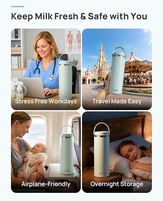 Papablic Innovative 360° CapsuleChill Breastmilk Cooler for 36H Safe Storage, 20oz Stress-Free Portable Breast Milk Chiller with 2pcs Stainless Steel Baby Bottles for Work & Travel, Mint Green