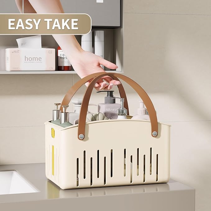 Portable Shower Caddy,Foldable Shower Caddy with Handle and Adjustable Divider,Plastic Shower Storage Basket,Quick Dry Bathroom Shower Organizer Bin for College,Dorm Room,Travel Essentials(Cream)