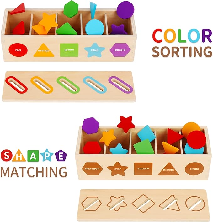 KMTJT Montessori Toys for 1 2 3 Year Old | Wooden Color & Shape Sorting Matching Toys | Learning Educational Toys for 1-3 Year Old Kids | One 1st 2st Birthday Gift for Boy Girl