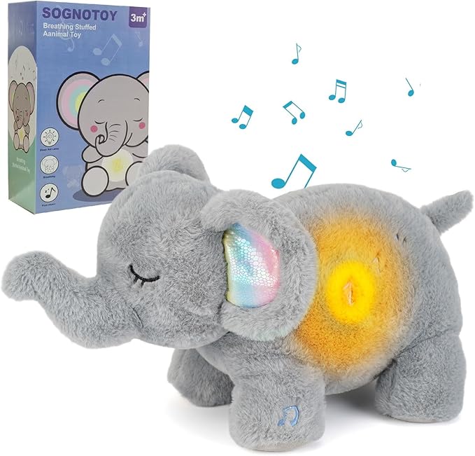 Breathing Stuffed Animal for Anxiety, Baby Soothers for Sleep, Elephant Stuffed with White Noise Pure Music for Anxiety Baby Sleep Aid Enhance 30Min Auto Off