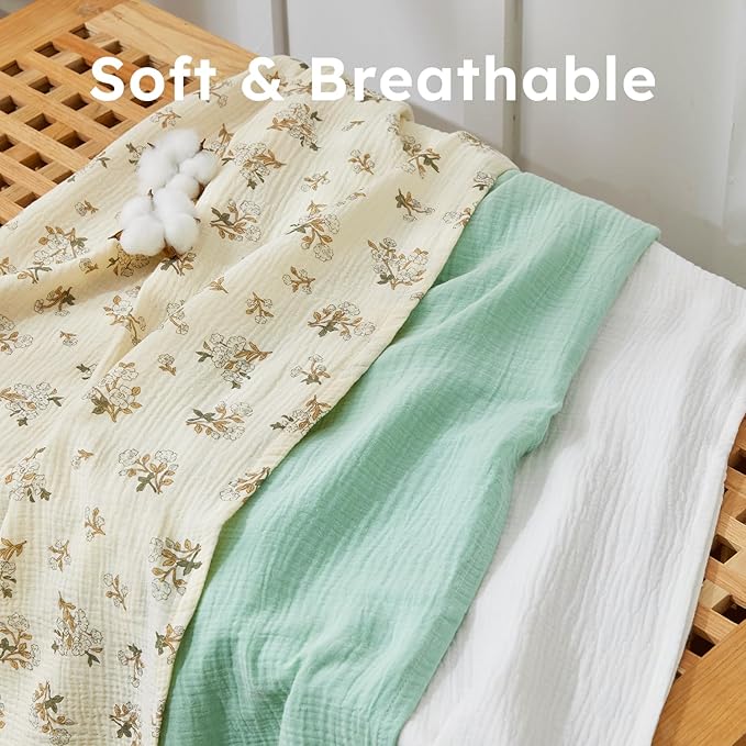 5 Pack Muslin Swaddle Blankets & Baby Burp Cloths, Soft & Breathable Cotton Baby Blankets, Receiving Blankets for Newborn, Nursery Infant Essentials, Swaddling Wrap for Unisex (Sage Green & White)