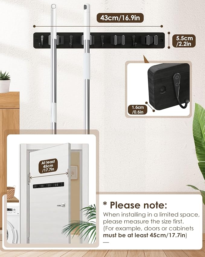 AceMining Broom Holder Wall Mounted, Black 4 Holders and 4 Hooks Mop Holder, Wooden Mop and Broom Holder with Anti slip rubber, Natural pine wood Brush Holder, Mop Wall Holde with Nail installation
