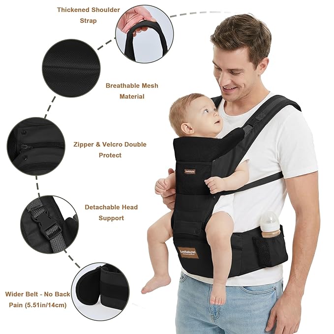 Baby Carrier with Hip Seat, 6-in-1 Baby Carrier Newborn to Toddler, Forward-Facing Carry for Active Babies, Adjustable Detachable Infant Carrier, Hands-Free Baby Holder (Black)