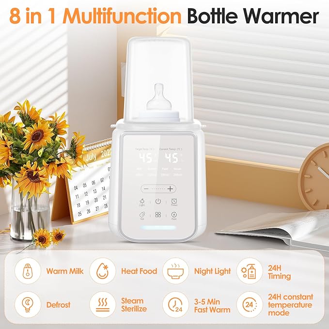 Baby Bottle Warmer, Fast Baby Milk Warmer with Timer, 8-in-1 Baby Milk Warmer with Digital Display, Night Light for Nighttime Breastfeeding, Bottle Warmer for All Bottles with Sterilizing Keep Warm
