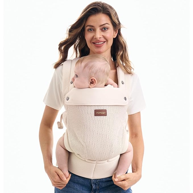 Momcozy Breathable Baby Carrier, Ergonomic and Lightweight Infant Carrier for 7-45lbs with Enhanced Lumbar Support, All Day Comfort for Hands-Free Parenting, Air Mesh-Apricot Beige