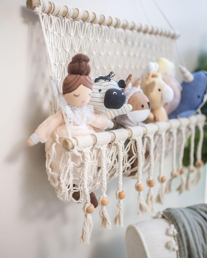 Crane Baby Macrame Hanging Storage Bin for Nursery, Boho Baby Decor, Baby Toy Hanging Basket Wall Storage, Bohemian Macrame Nursery Decor, 16" W X 22" H