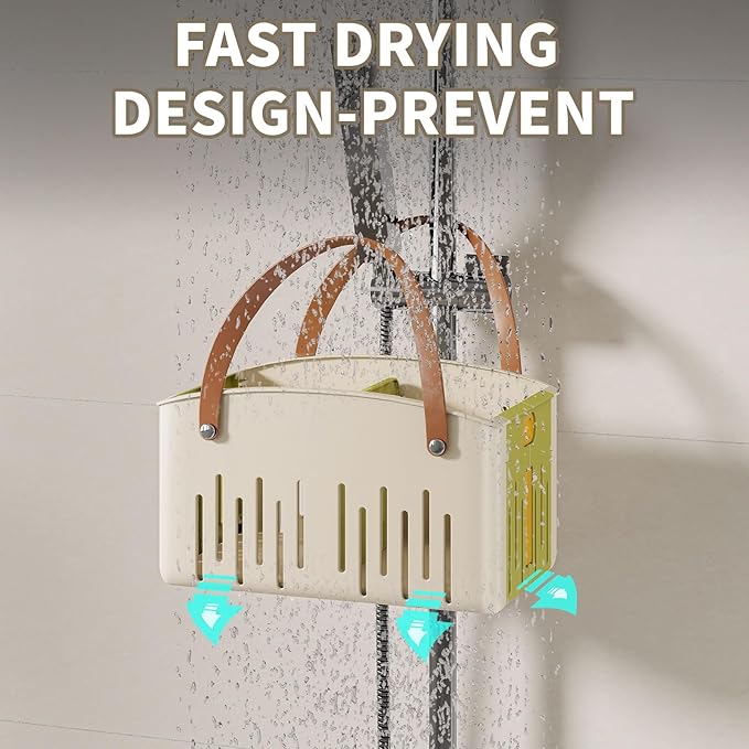 Portable Shower Caddy,Foldable Shower Caddy with Handle and Adjustable Divider,Plastic Shower Storage Basket,Quick Dry Bathroom Shower Organizer Bin for College,Dorm Room,Travel Essentials (Green)