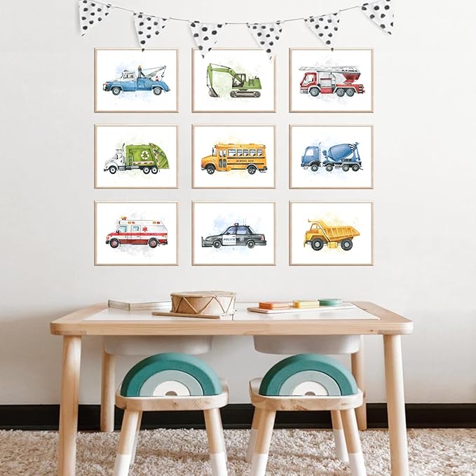 uniro Construction Room Decor for Boys, Truck Wall Art Print for Boys Room Decor, Cute Toddler Wall Decor Truck Prints, Car Pictures Wall Decor for Bedroom, Playroom, Nursery Decor, Vehicle Tractor Prints & Posters - 8x10inch|Unframed