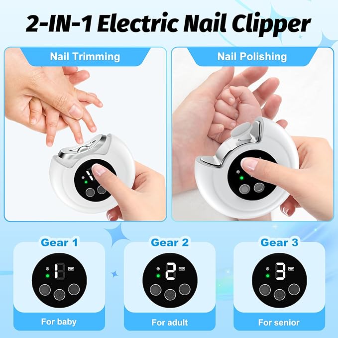 Electric Nail Clipper, Baby Nail Clipper with File & 3 Speed Gears, Baby Nail Trimmer Electric with LED Light & Storage Box, Smart Nail Clippers for Baby, Adult, Seniors