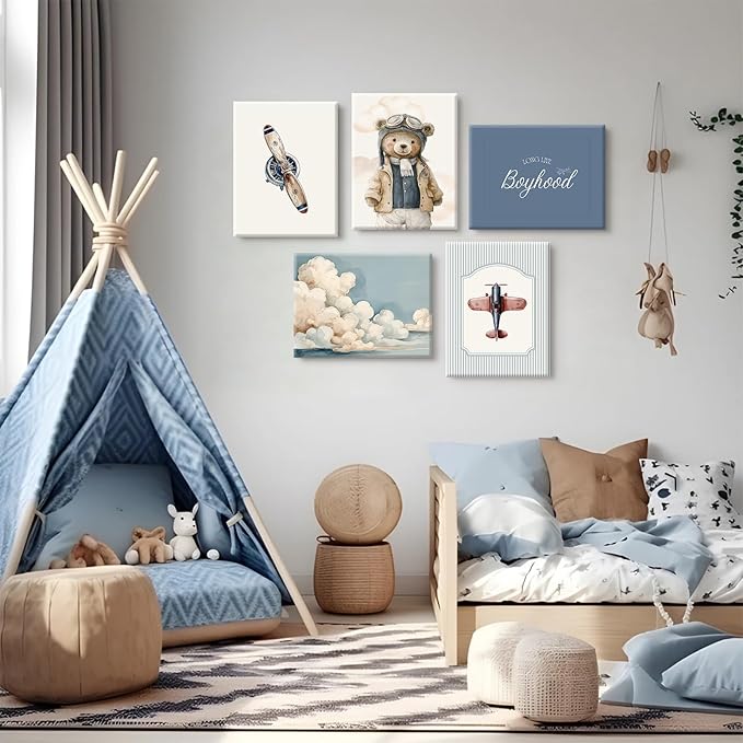 Teddy Bear Nursery Wall Art Decor Vintage Boy Room Pictures Baby Boy Nursery Canvas Wall Decor Blue Vintage Airplane Poster Kids Travel Aviation Prints for Playroom Bedroom 8x10x5 Inch Wrapped Canvas