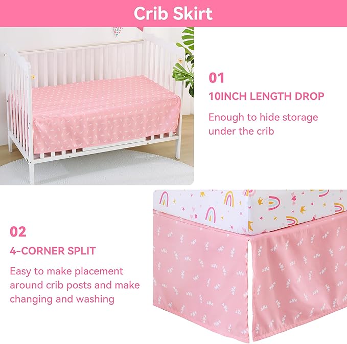Crib Bedding Set for Boys Girls, 3 Piece Baby Bedding Sets Nursery Crib Sets Newborn & Infant & Toddler, Crib Set Include Quilted Comforter + Crib Skirt + Fitted Sheet - White Unicorn