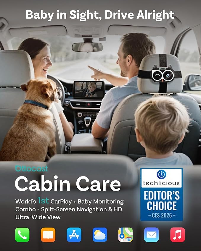 OTTOCAST Baby Car Camera Displaying on Car Screen,1080P Clear No-Glow Night Vision,Split-Screen Navigation,150°Wide Angle,Car Baby Monitor with Built-in Wireless CarPlay Cabin Care Car Adapter 2026
