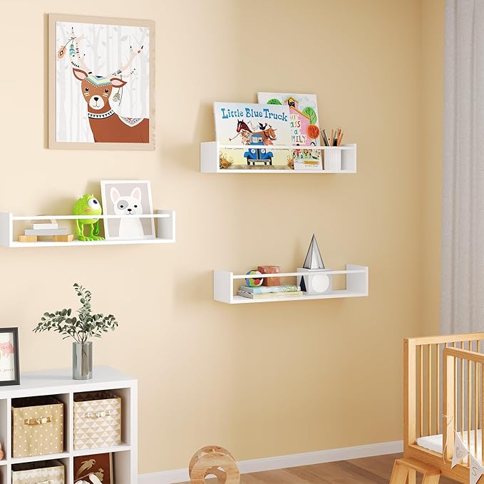 Fixwal Wood Nursery Book Shelves, 16.5 Inch Floating Bookshelves for Wall Set of 3, Baby Kids Decor, Solid Wood Wall Mounted Shelves for Books, Toys and Decor Storage (White)
