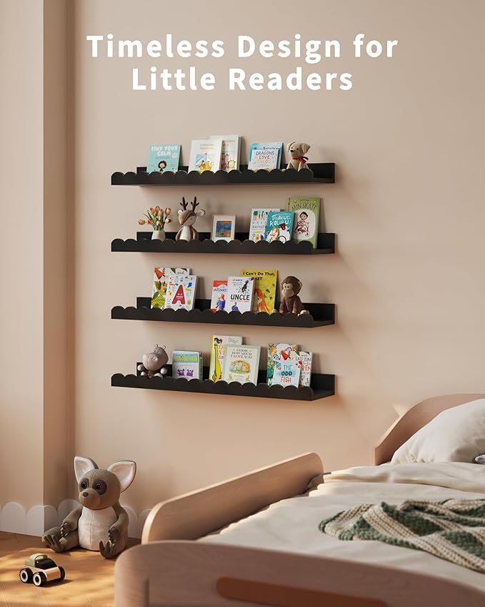Shario Nursery Book Shelves, 4-Pack Wood Floating Shelves for Wall Kids, Scalloped Shelves, Wall Book Shelves for Bedroom Kids, Toddler Room, Baby Room, Nursery Decor (Black, 23 Inches)
