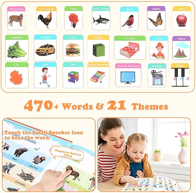 My First English Words Sound Book for Kids Ages 3-6, Interactive Toddler Books with 470+ Words & 21 Themes, Electronic Educational Toys for Boys & Girls, Speech Therapy Activities