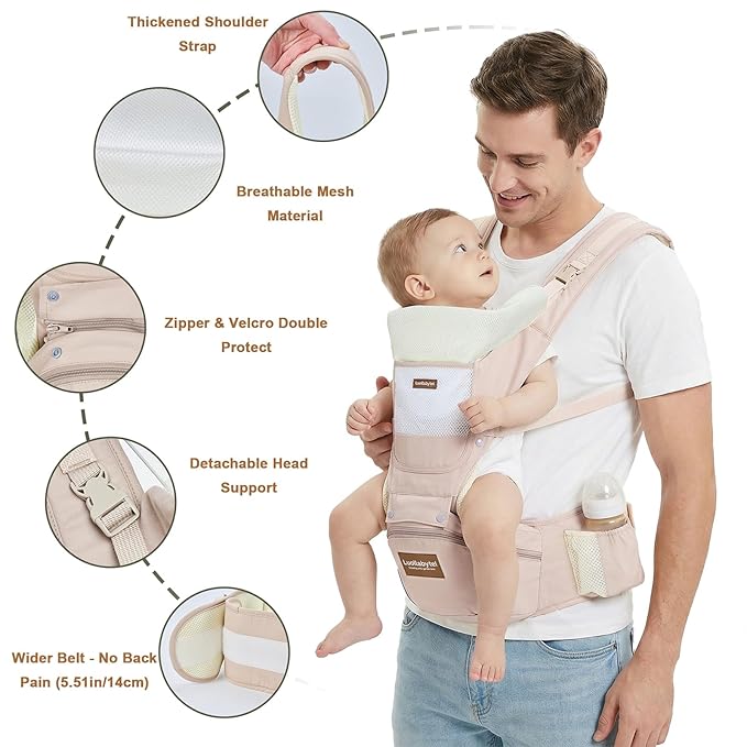 Baby Carrier with Hip Seat, 6-in-1 Baby Carrier Newborn to Toddler, Adjustable Detachable Infant Toddler Carrier, Hands-Free Baby Holder, All Seasons, Perfect for Shopping Travelling (Khaki)