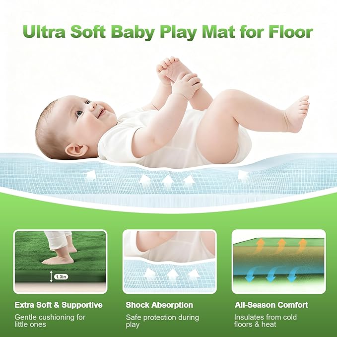 Ultra Soft Baby Play Mat for Floor, 59"×39" Playpen Mat, 1.3" Thick Memory Foam, Non-Slip Tummy Time Mat for Infants, Toddlers, and Kids – Water-Repellent Coral Velvet, Easy Care