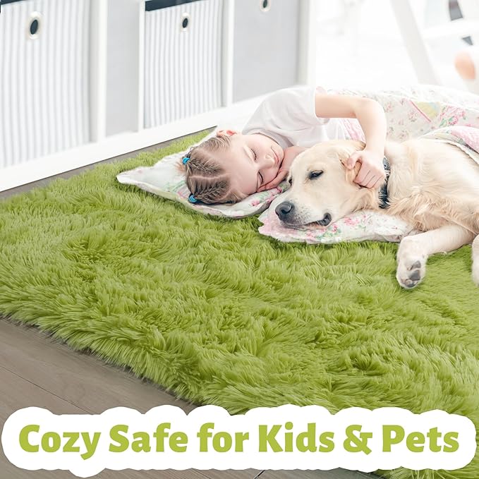 Amdrebio Grass Green Rug 6x9 for Living Room Bedroom, Fluffy Shag Plush Area Rugs for Kids Room Baby Nursery Decor, Modern Cool Fuzzy Floor Furry Shaggy Fuzzy Moss Carpet for Office Dorm Playroom
